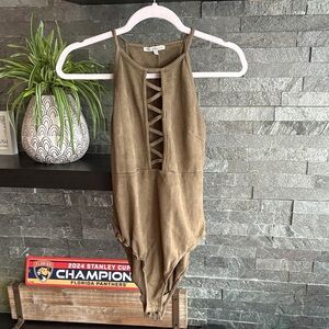 Charlotte Russe Faux Suede Strappy Bodysuit Olive Green (M)